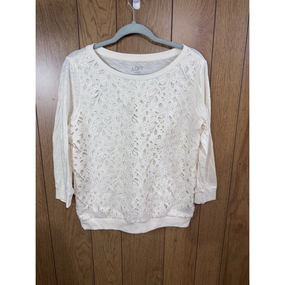 Ann Taylor LOFT  - Ivory 3/4 Sleeve Front Lace Overlay Knit Top size Small